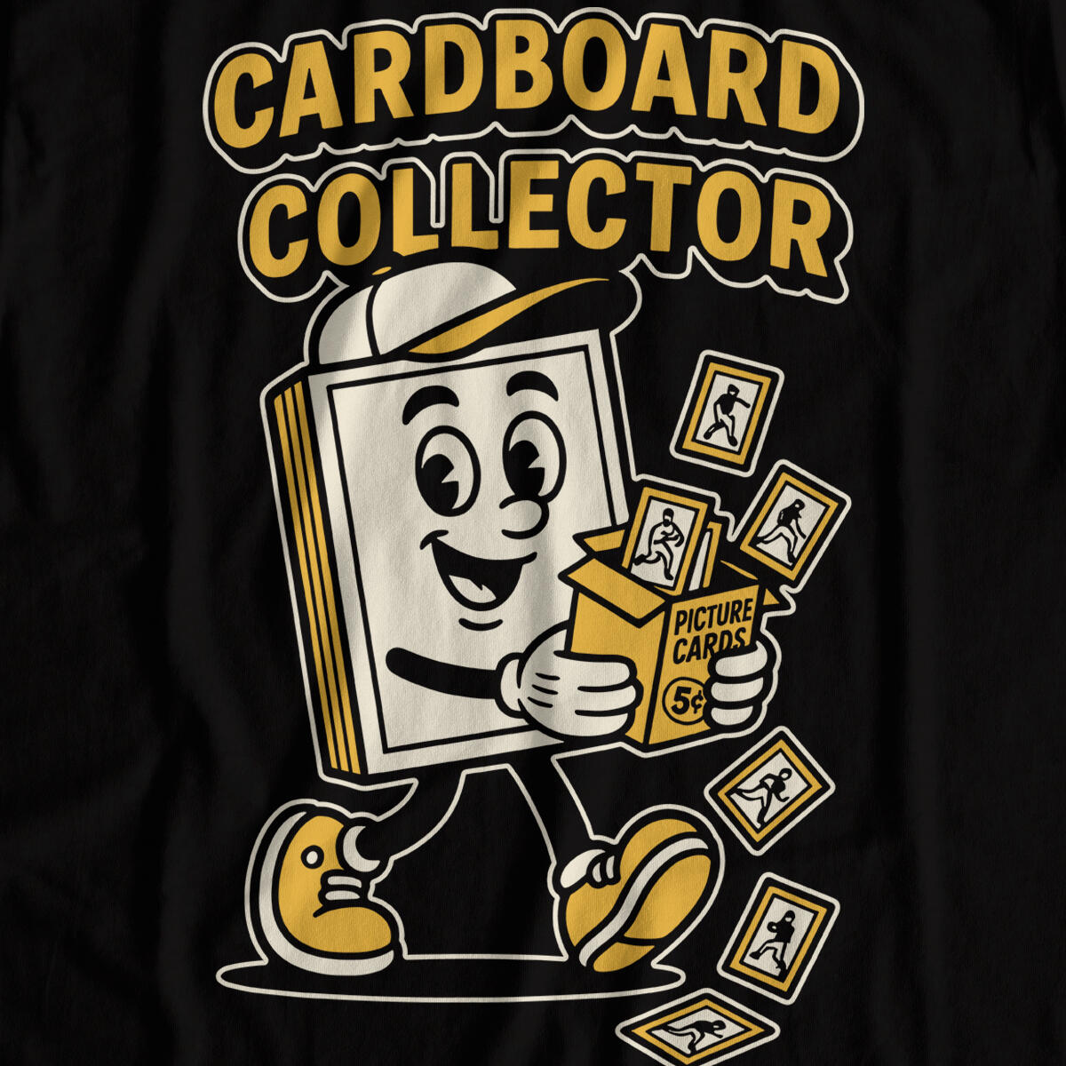 Cardboard Collector Full design of Cardboard Collector shirt with smiling cartoon card character tossing vintage trading cards