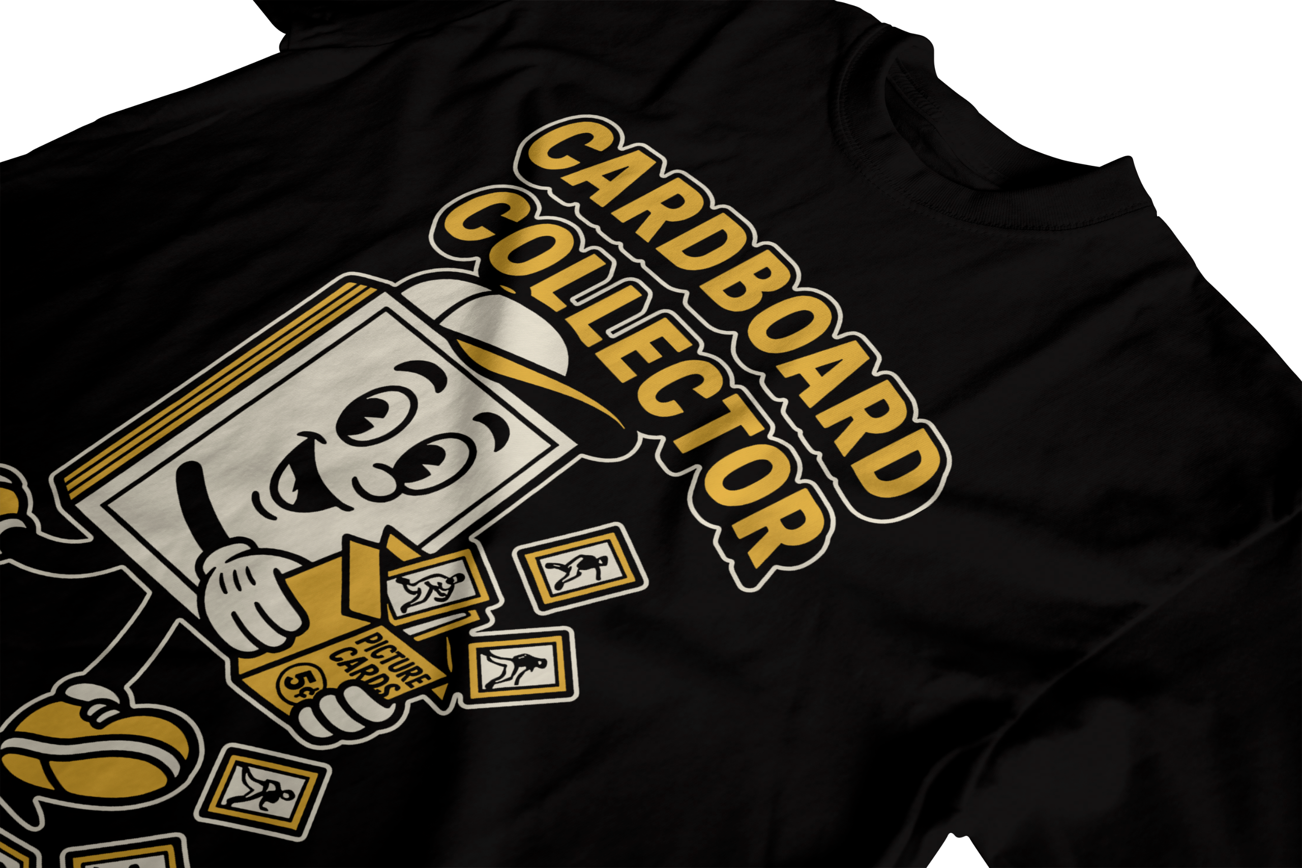 Cardboard Collector Cardboard Collector t-shirt folded flat featuring retro cartoon mascot holding trading cards