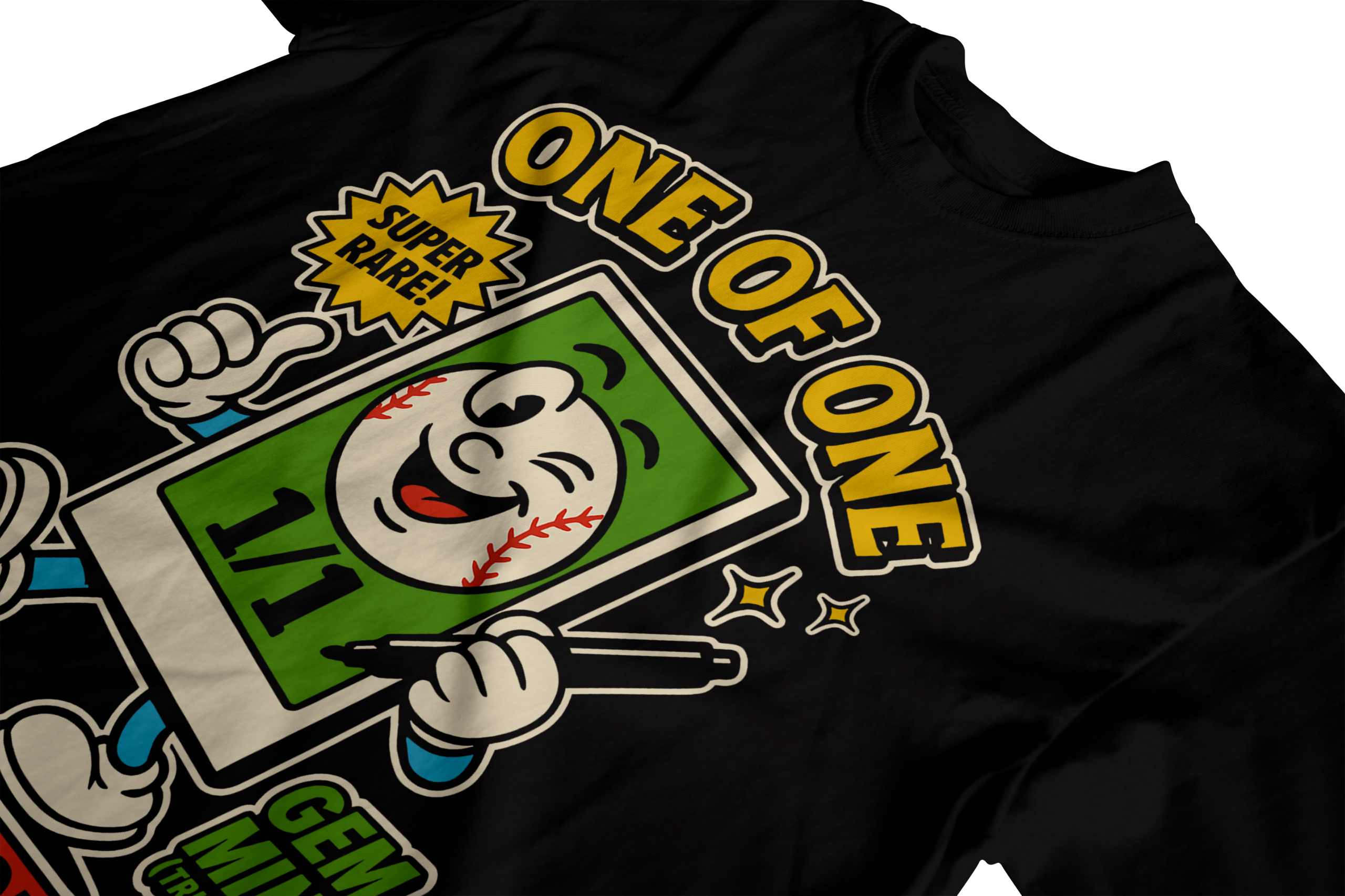 Funny One of One t-shirt spoofing eBay listings with cartoon card mascot marked 1/1