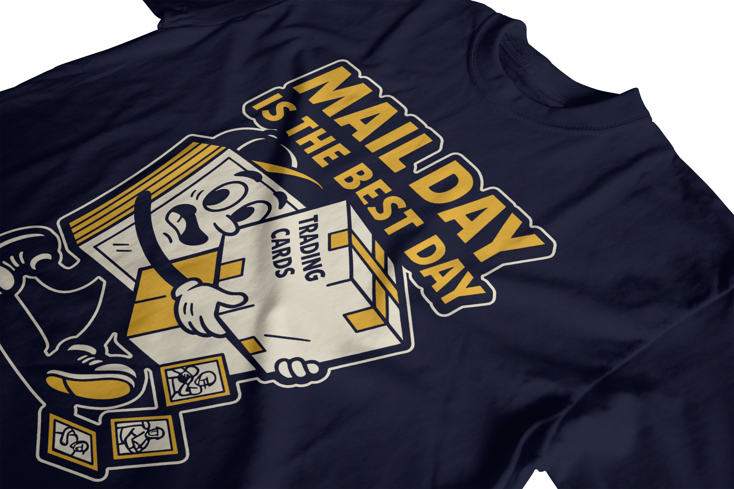 Mail Day Is The Best Day t-shirt folded flat with cartoon mail mascot holding trading card box