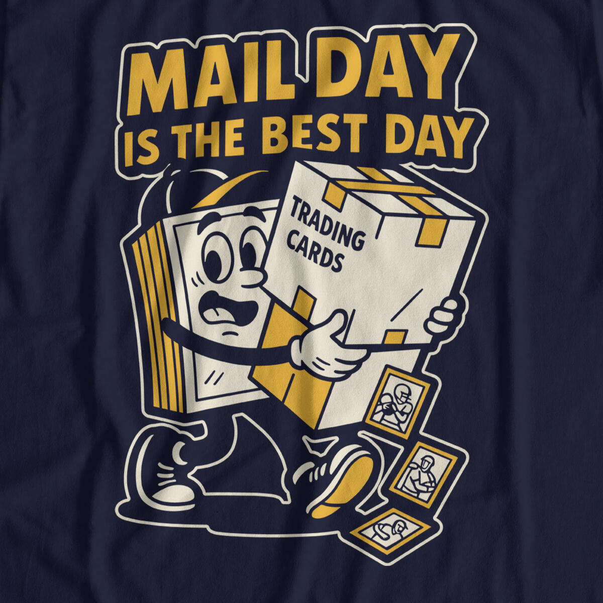 Mail Day Is The Best Day shirt design with excited cartoon mail character holding a trading cards package