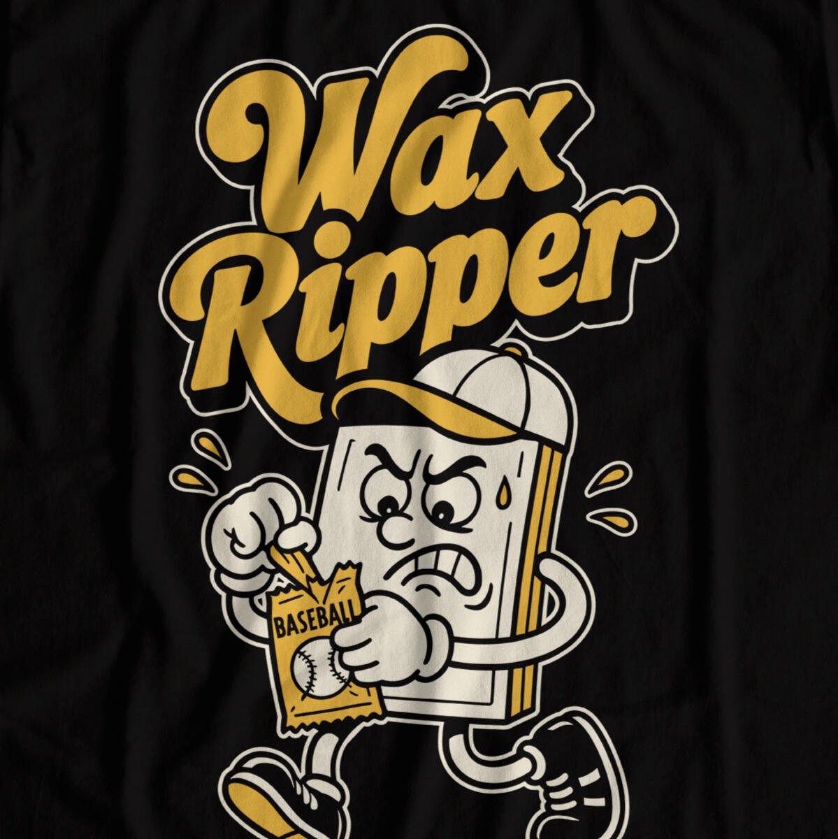 Wax Ripper shirt featuring cartoon baseball card pack mascot tearing open a hobby box with vintage flair