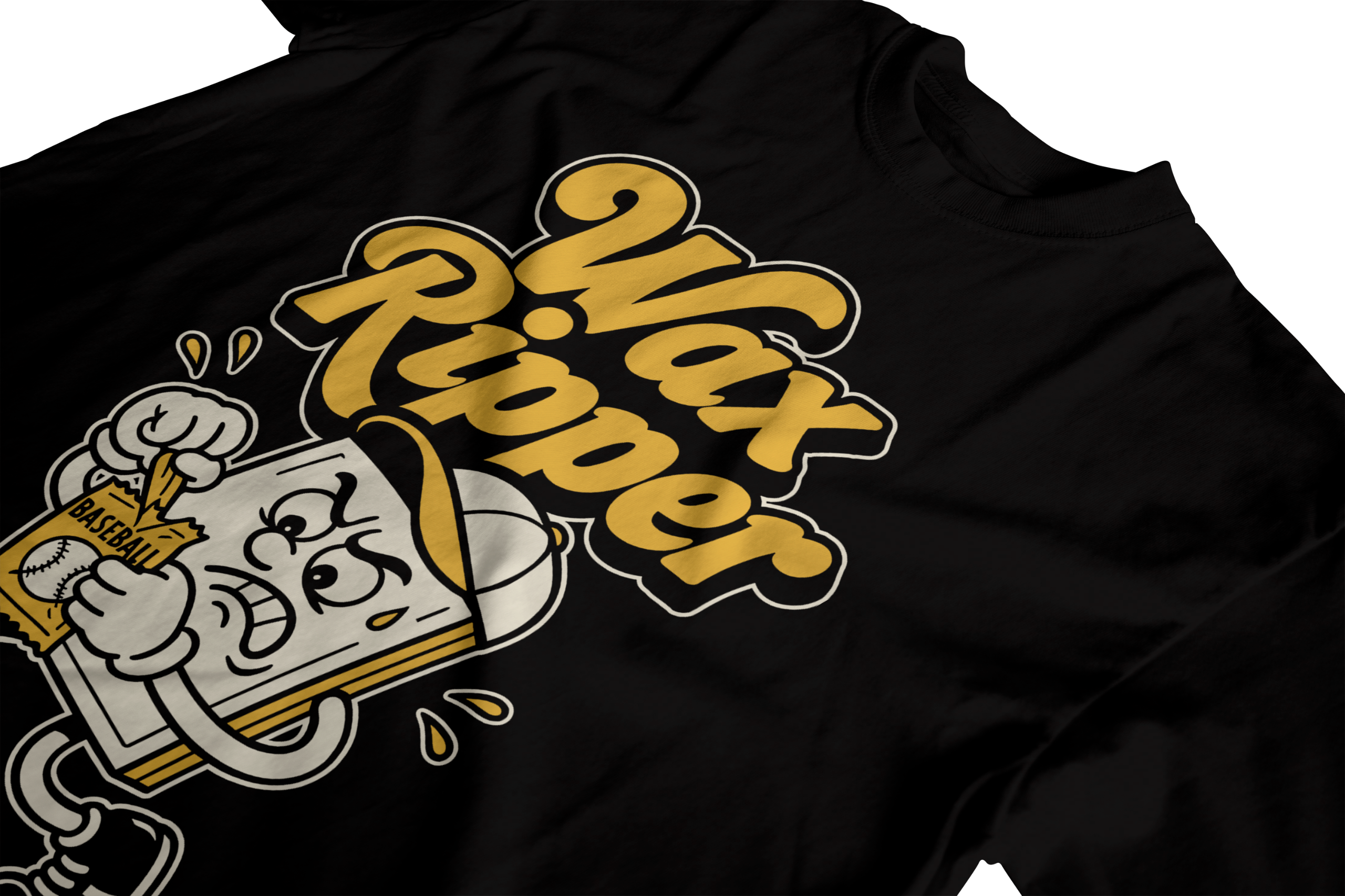 Wax Ripper t-shirt folded flat with retro cartoon card pack character holding ripped wax wrappers
