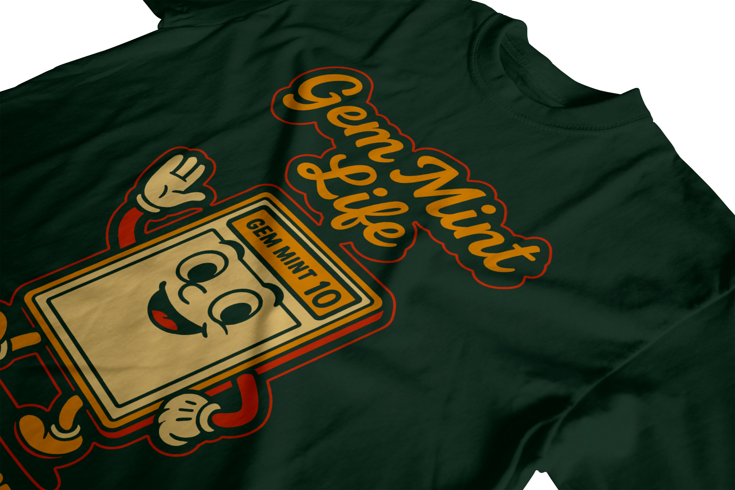 Gem Mint Life t-shirt folded flat with cartoon slab character and gem mint 10 label