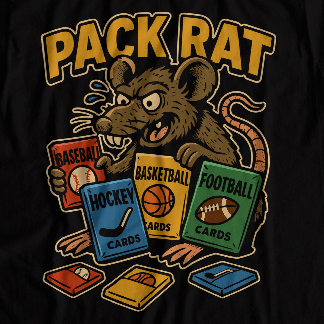 Pack Rat shirt design featuring cartoon rat hoarding multiple trading card packs labeled baseball, basketball, hockey, and football.