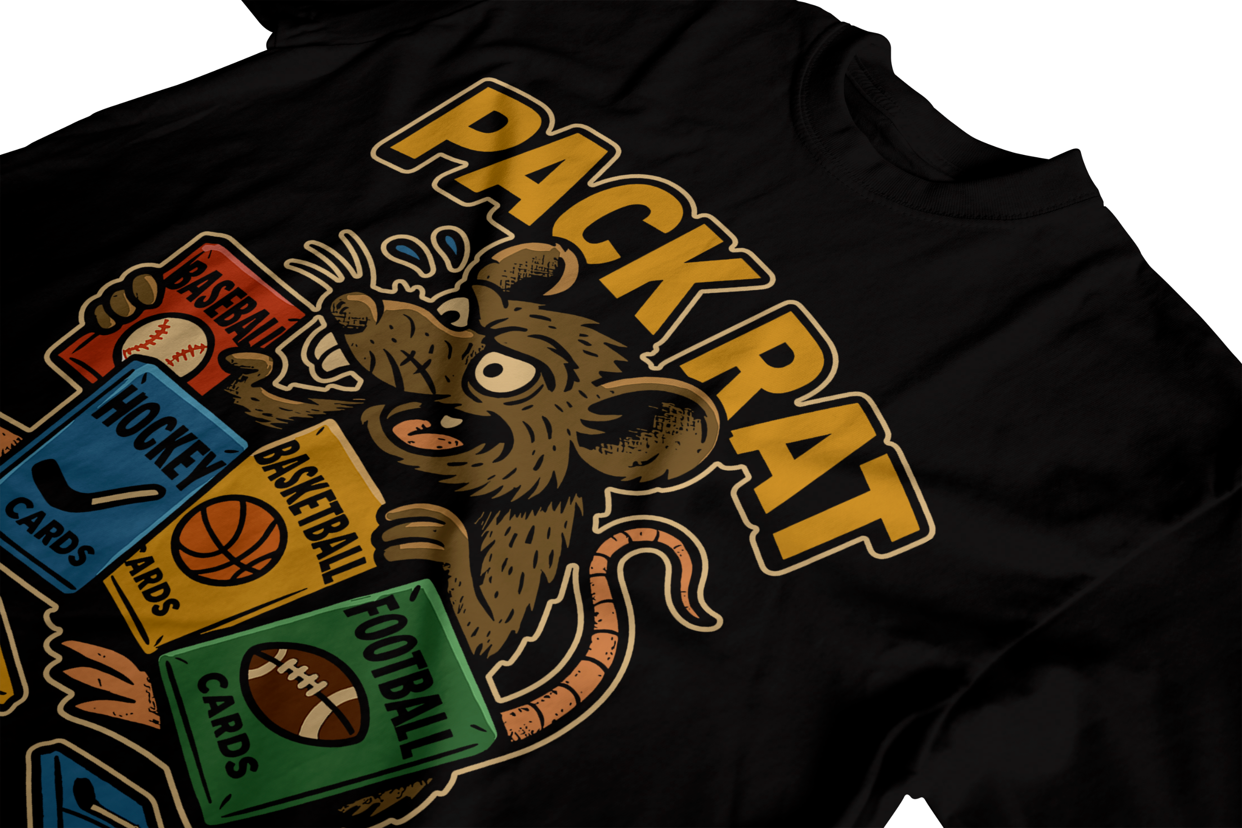 Pack Rat t-shirt folded flat showing cartoon rat holding sports cards for baseball, football, basketball, and hockey.